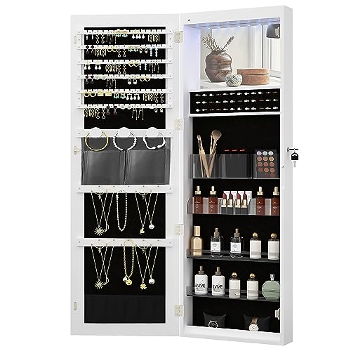 Hzuaneri 8 LEDs Jewelry Cabinet Armoire, 42.7" Tall Frameless Mirror Jewelry Organizer, lockable Wall/Door Mounted Makeup Jewelry Storage with Mirror, 4 Shelves, White and Black JC10803B