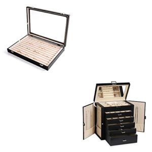 frebeauty large pu jewelry box bundle:a multi-functional jewelry box(black) and 10 slots large pu tray with clear lid of rings earrings necklace bracelets for women girls