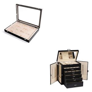 Frebeauty Large PU Jewelry Box Bundle:A Multi-functional Jewelry Box(Black) and 10 Slots Large PU Tray with Clear Lid of Rings Earrings Necklace Bracelets for Women Girls