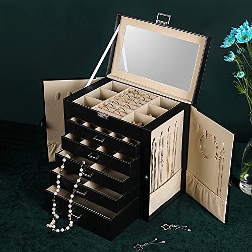 Frebeauty Large PU Jewelry Box Bundle:A Multi-functional Jewelry Box(Black) and 10 Slots Large PU Tray with Clear Lid of Rings Earrings Necklace Bracelets for Women Girls