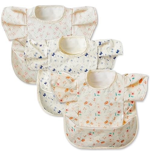 BUoonyer 3pcs Mess-Proof Baby Apron for Feeding Eating, Food Bibs with Catcher, Floral Adjustable Waterproof Apron Mess Proof Bibs for Babies Toddlers Girls Boys Infants Newborns Birthday Gifts