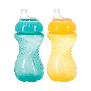 nuby 2-pack no-spill easy grip cup, 10 ounce, aqua & yellow