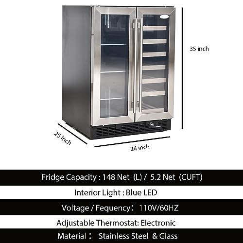BHTOP Wine Fridge, 24" Beverage Refrigerator, Dual Zone Beverage Fridge Cooler, Holds 27 Bottles and 60 Cans, Stainless Steel French Door Digital Temperature Control, Key Lock Quiet Operation