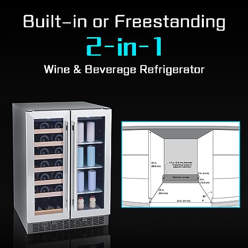 BHTOP Wine Fridge, 24" Beverage Refrigerator, Dual Zone Beverage Fridge Cooler, Holds 27 Bottles and 60 Cans, Stainless Steel French Door Digital Temperature Control, Key Lock Quiet Operation