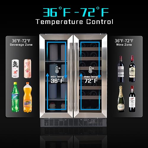 BHTOP Wine Fridge, 24" Beverage Refrigerator, Dual Zone Beverage Fridge Cooler, Holds 27 Bottles and 60 Cans, Stainless Steel French Door Digital Temperature Control, Key Lock Quiet Operation
