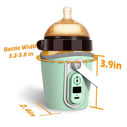 Portable Bottle Warmer for Travel - 40-50℃ Wide Bottle - Mini Baby Bottle Heater for Breastmilk Powder Milk Water, Fast Night Feeding Milk Warmer for Newborn, Green, 6 Gears for 40/42/44/46/48/50℃