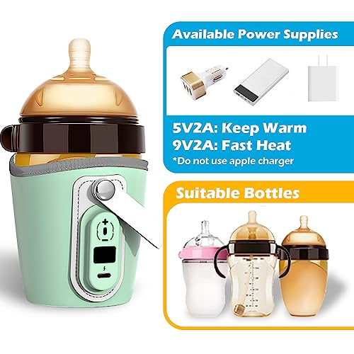 Portable Bottle Warmer for Travel - 40-50℃ Wide Bottle - Mini Baby Bottle Heater for Breastmilk Powder Milk Water, Fast Night Feeding Milk Warmer for Newborn, Green, 6 Gears for 40/42/44/46/48/50℃