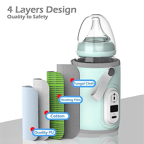 Portable Bottle Warmer for Travel - 40-50℃ Adjustable - Mini Baby Bottle Heater for Breastmilk Powder Milk Water, Fast Night Feeding Milk Warmer for Newborn, Green, 6 Gears for 40/42/44/46/48/50℃