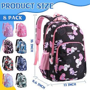 PerKoop 8 Pieces Backpacks Boys and Girls 17 Inch School Bag Bulk Printed Student Backpacks with Adjustable Padded Straps and Bottle Holder for Back to School Elementary Middle High School, 8 Color