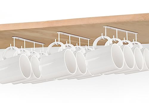 Mkono Under Cabinet Mug Hanger Set of 3 Metal Mug Hooks Coffee Cup Holder with 12 Hooks Simple Coffee Mug Organizer for Cabinet Shelf Modern Mug Storage Display Rack for Kitchen Coffee Bar, White