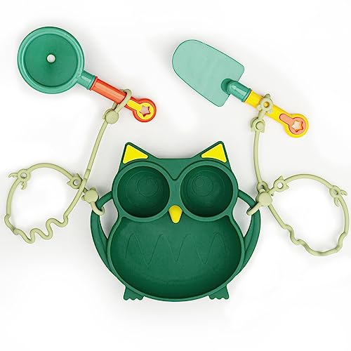 Silicone Suction Plate with 2 Adjustable Straps, Non-slip Divided Kids Plate Set for Baby Toddlers, Dishwasher Safe (Owl, Green)