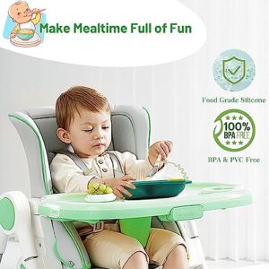 Silicone Suction Plate with 2 Adjustable Straps, Non-slip Divided Kids Plate Set for Baby Toddlers, Dishwasher Safe (Owl, Green)