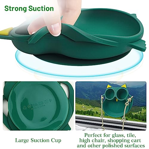 Silicone Suction Plate with 2 Adjustable Straps, Non-slip Divided Kids Plate Set for Baby Toddlers, Dishwasher Safe (Owl, Green)
