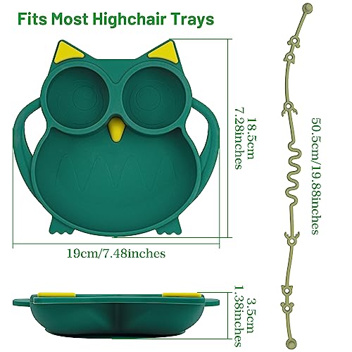 Silicone Suction Plate with 2 Adjustable Straps, Non-slip Divided Kids Plate Set for Baby Toddlers, Dishwasher Safe (Owl, Green)