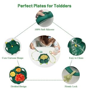 Silicone Suction Plate with 2 Adjustable Straps, Non-slip Divided Kids Plate Set for Baby Toddlers, Dishwasher Safe (Owl, Green)