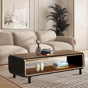 WWZGGO 47in Wood 2-Tier Coffee Table with Storage Shelf Rustic Accent Furniture Metal Frame Brown