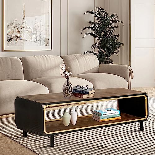 WWZGGO 47in Wood 2-Tier Coffee Table with Storage Shelf Rustic Accent Furniture Metal Frame Brown