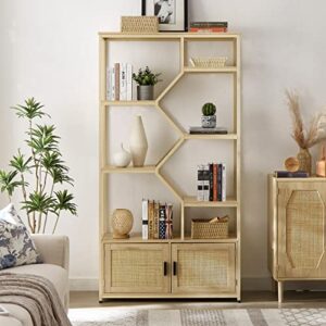 bohemian style rattan bookshelf, 5-tier open display shelves with storage cabinet, eco-friendly particleboard bookcase, versatile storage rack for living room, home office, natural tones