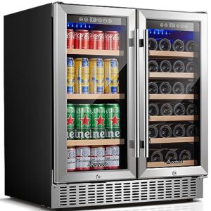 aaobosi wine and beverage refrigerator,30 inch dual zone wine cooler built-in or freestanding-hold 28 bottles and 80 cans wine beverage fridge with soft led light,2 safety locks,stainless steel