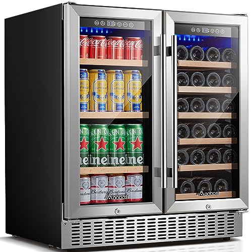 AAOBOSI Wine and Beverage Refrigerator,30 Inch Dual Zone Wine Cooler Built-in or Freestanding-Hold 28 Bottles and 80 Cans Wine Beverage Fridge with Soft LED Light,2 Safety Locks,Stainless Steel