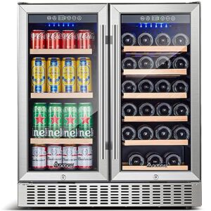AAOBOSI Wine and Beverage Refrigerator,30 Inch Dual Zone Wine Cooler Built-in or Freestanding-Hold 28 Bottles and 80 Cans Wine Beverage Fridge with Soft LED Light,2 Safety Locks,Stainless Steel