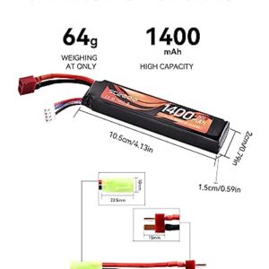 11.1V LiPo Battery Airsoft Deans Connector Rechargeable 1400mAh 30C Stick Battery with T Plug to Mini Tamiya Cable for Airsoft Guns Airsoft Rifle