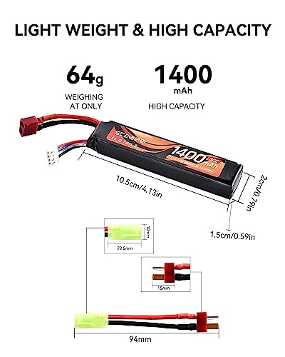 11.1V LiPo Battery Airsoft Deans Connector Rechargeable 1400mAh 30C Stick Battery with T Plug to Mini Tamiya Cable for Airsoft Guns Airsoft Rifle