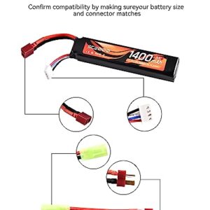 11.1V LiPo Battery Airsoft Deans Connector Rechargeable 1400mAh 30C Stick Battery with T Plug to Mini Tamiya Cable for Airsoft Guns Airsoft Rifle