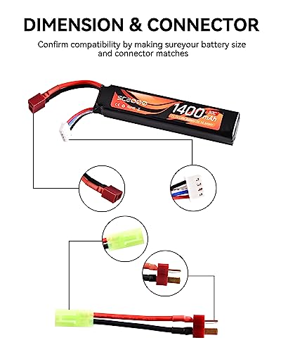 11.1V LiPo Battery Airsoft Deans Connector Rechargeable 1400mAh 30C Stick Battery with T Plug to Mini Tamiya Cable for Airsoft Guns Airsoft Rifle