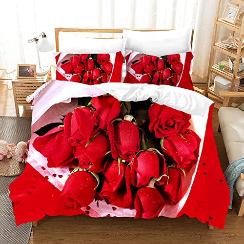 Red Rose Bouquet Duvet Cover King Size 3D Wedding Printed 3 Piece Bedding Sets Microfiber Quilt Cover for Kids Teens Adults Comforter Cover with 2 Pillowcases 104" x 90"