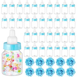 jinei 48 pcs mini baby bottles baby shower favor 3.5 inch clear plastic baby bottle candy box with 10 artificial flower newborn baby shower gifts for guests baby shower favor gift decoration (blue)