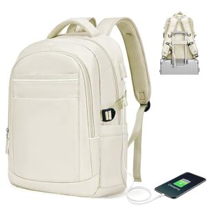 travel laptop carry on backpack for women men, airline flight approved waterproof 14 inch laptop backpack, casual daypack college personal item bag rucksack with usb charging port for business, beige