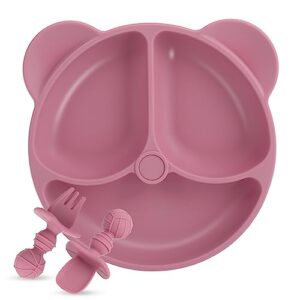e-pronse suction plates for babies & toddlers | 100% silicone | plates stay put with suction feature | divided design bear pink