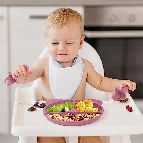 E-PRONSE Suction Plates for Babies & Toddlers | 100% Silicone | Plates Stay Put with Suction Feature | Divided Design Bear Pink