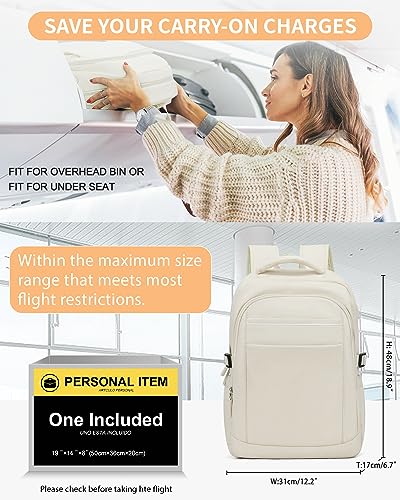 Travel Laptop Carry on Backpack for Women Men, Airline Flight Approved Waterproof 14 Inch Laptop Backpack, Casual Daypack College Personal item Bag Rucksack with USB Charging Port for Business, Beige