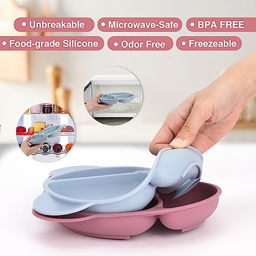 E-PRONSE Suction Plates for Babies & Toddlers | 100% Silicone | Plates Stay Put with Suction Feature | Divided Design Bear Pink