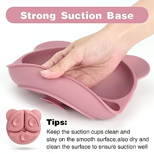 E-PRONSE Suction Plates for Babies & Toddlers | 100% Silicone | Plates Stay Put with Suction Feature | Divided Design Bear Pink