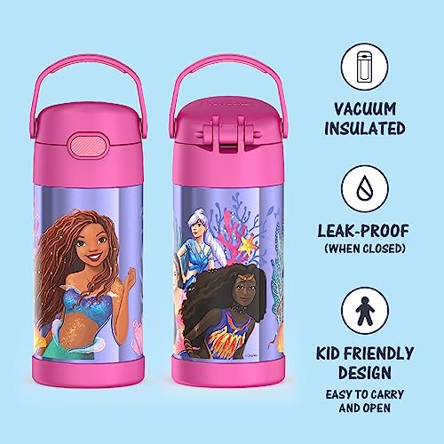 THERMOS FUNTAINER 12 Ounce Stainless Steel Vacuum Insulated Kids Straw Bottle, LITTLE MERMAID