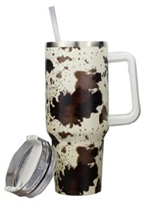 tinvskqqkj 40oz cow insulated tumbler with straws and lid,stainless steel coffee tumbler with handle double vacuum leak proof travel coffee mug cup water bottle for office, party,home