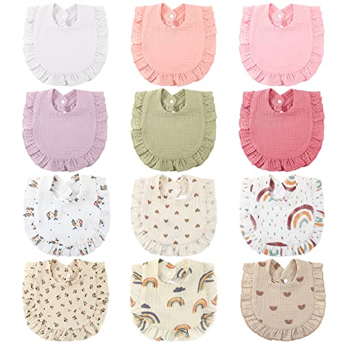 Geyoga 12 Pcs Baby Muslin Bibs Unisex Drool Teething Bibs, Adjustable Drool Bibs Feeding Cloth Bibs Baby Bibs for Girls Boys Newborn Baby Toddlers Infants