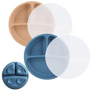 e-pronse suction plates for baby toddler plates, 100% food-grade silicone divided baby plates, baby sunction plate with lid bpa free,microwave & dishwasher safe blue +tan