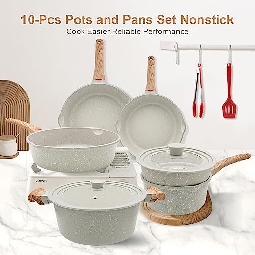 Bobikuke 10 Pcs Nonstick Cookware Set, Non Stick Pots and Pans Set with Lid, Kitchen Cookware Sets for Cooking with Cool Handle, Compatible with All Stovetops, PFOA free (White)