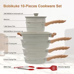 Bobikuke 10 Pcs Nonstick Cookware Set, Non Stick Pots and Pans Set with Lid, Kitchen Cookware Sets for Cooking with Cool Handle, Compatible with All Stovetops, PFOA free (White)