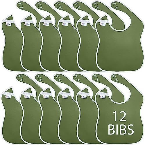 Toppy Toddler Large Waterproof Toddler Bibs with Snap Buttons - Olive Green - 12 Bibs