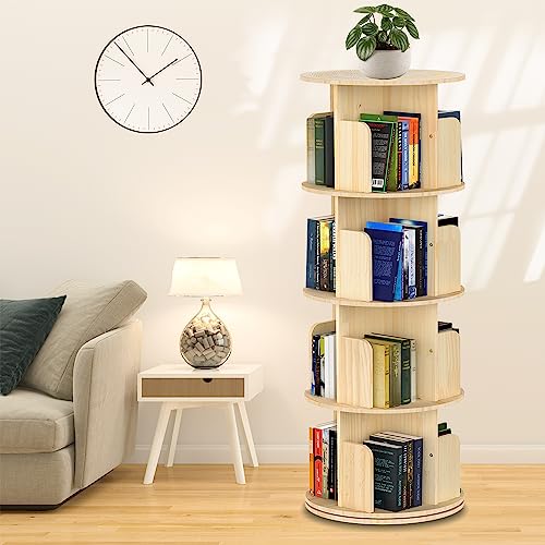 Cuguords Rotating Bookshelf Tower, 360 Display Spinning Bookshelf, 4 Tier Revolving Bookcase for Kids&Adults, Rotating Bookcase for Bedroom, Living Room, Study Room, Corner Bookshelf for Small Space