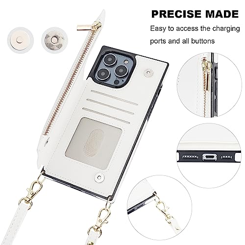 Bocasal Crossbody Wallet Case for iPhone 14 Pro Max with RFID Blocking Card Slot Holder, Magnetic Flip Folio Purse Case, PU Leather Zipper Handbag with Detachable Lanyard Strap 6.7 Inch 5G (White)