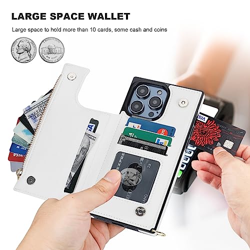Bocasal Crossbody Wallet Case for iPhone 14 Pro Max with RFID Blocking Card Slot Holder, Magnetic Flip Folio Purse Case, PU Leather Zipper Handbag with Detachable Lanyard Strap 6.7 Inch 5G (White)