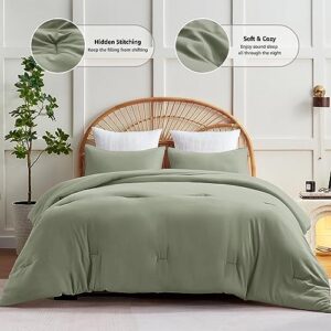 CozyLux Olive Green Comforter Set Full Size, 3 Pieces Solid Breathable Quilted Style Bedding Sets, Luxury Fluffy Soft Microfiber Comforter for All Season(1 Comforter & 2 Pillowcases)