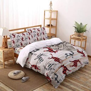 tocahome duvet cover full size, 4 pieces comforter cover set, christmas red and black lattice elk on wood grain soft bedding sets - 1 full duvet cover, 1 bed sheet and 2 pillowcases