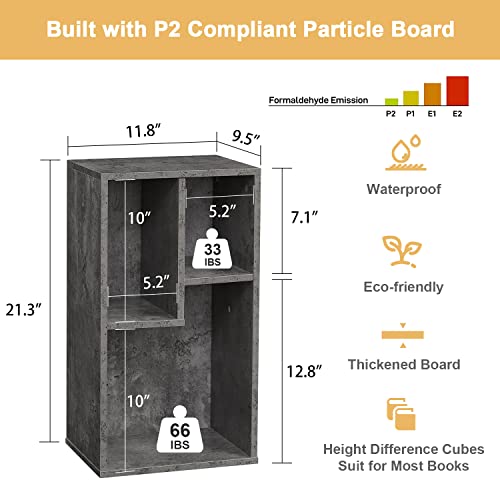 VECELO 3-Cube Open Bookcase, Small Bookshelf with Height Difference Shelves for Most Books, Horizontal Available, 2-Tier Storage Organizer for Home Office, Living Room, Grey